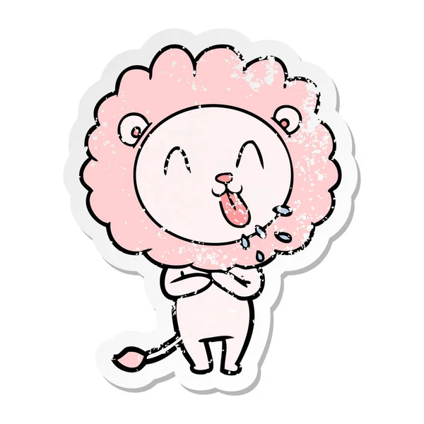 Distressed sticker of a happy cartoon lion — Stock Vector