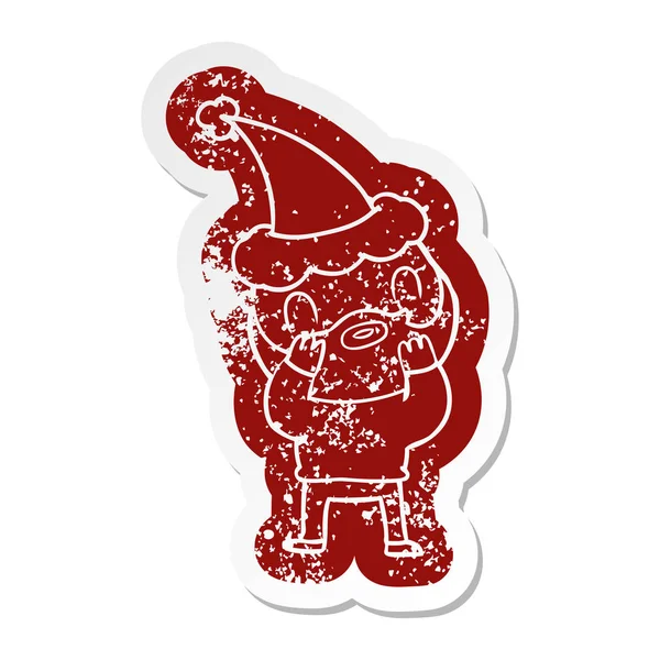一个长胡子的男人戴着圣诞老人帽的古怪的卡通苦恼的贴纸 — 图库矢量图片