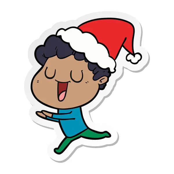 Caricatura Dibujada Mano Sonriente Hombre Corriendo Con Sombrero Santa — Vector de stock