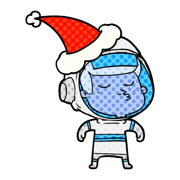 Handgezeichnete Illustration Comic Stil Eines Selbstbewussten Astronauten Mit Weihnachtsmütze — Stockvektor