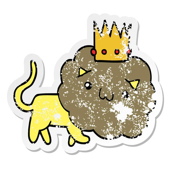 Distressed sticker of a cartoon lion with crown — Stock Vector