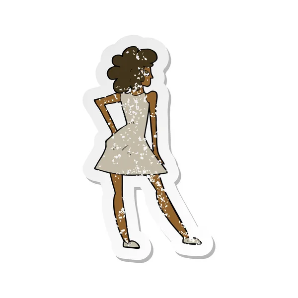 Autocollant détresse rétro d'une femme dessin animé posant en robe — Image vectorielle