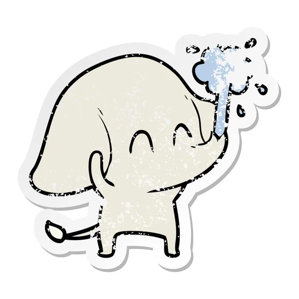 Verontruste Sticker Van Een Leuke Cartoon Olifant Spuiten Van Water — Stockvector