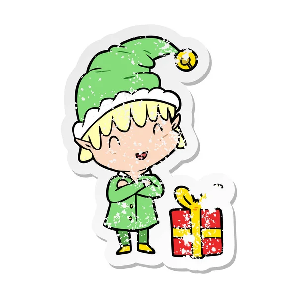 Distressed Sticker Cartoon Happy Christmas Elf — Stock Vector