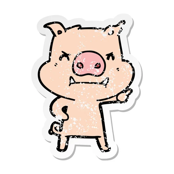 Distressed Sticker Angry Cartoon Pig — Stock Vector