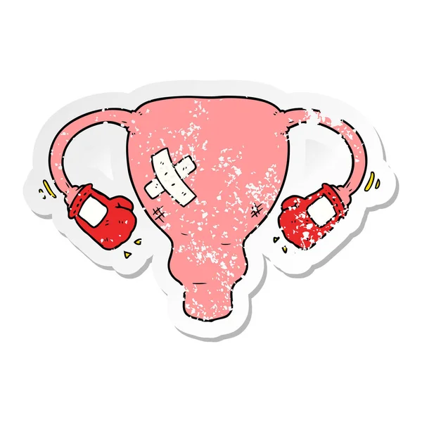 Autocollant en détresse d'un dessin animé battre l'utérus avec un gant de boxe — Image vectorielle
