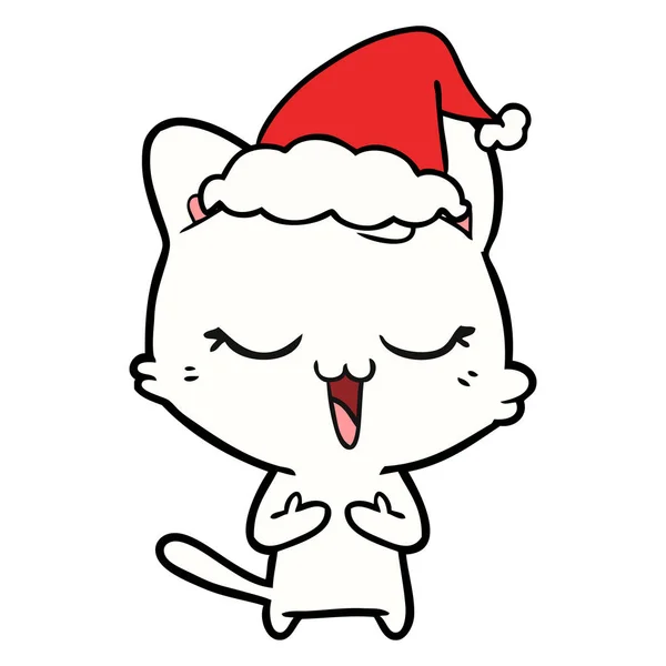 Dessin à la ligne heureuse d'un chat portant un chapeau de Père Noël — Image vectorielle