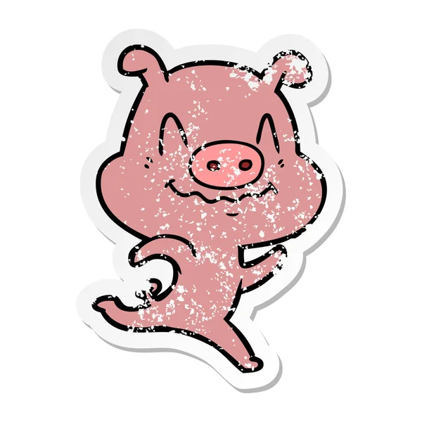 Distressed Sticker Nervous Cartoon Pig — Stock Vector