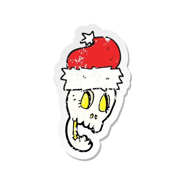 Autocollant en détresse rétro d'un chapeau de Noël dessin animé sur le crâne — Image vectorielle
