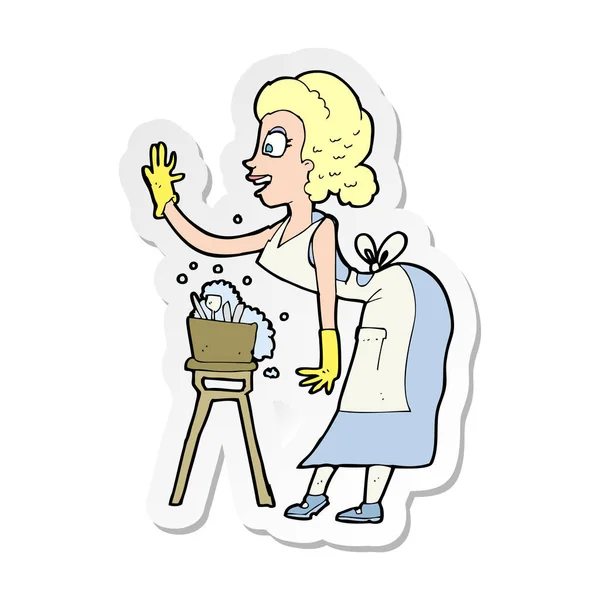 Sticker Cartoon Housewife Washing — Stock Vector