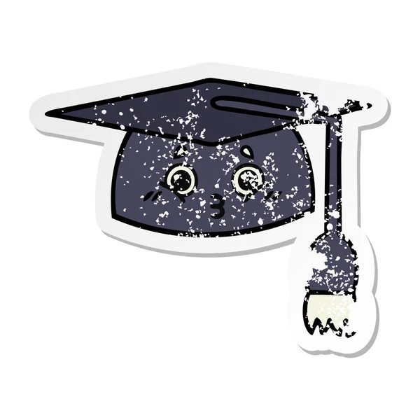 Adesivo angosciato di un simpatico cappello di laurea cartone animato — Vettoriale Stock