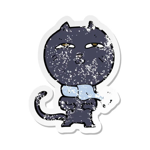 Retro Distressed Sticker Cartoon Funny Cat Wearing Scarf — Stock Vector
