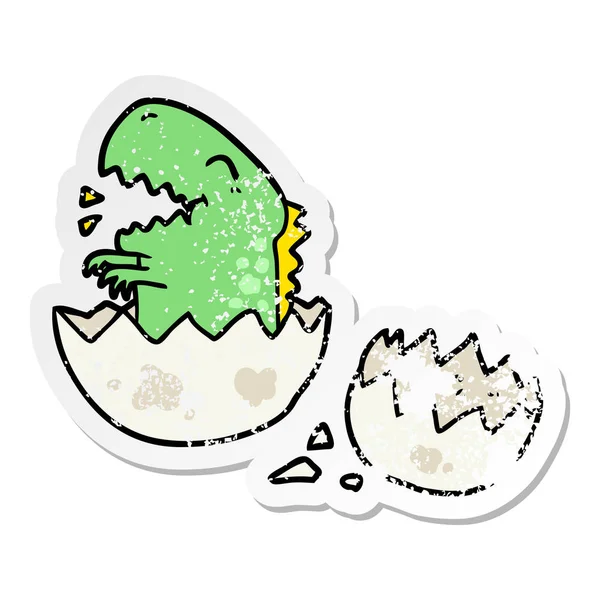 Verontruste Sticker Een Cartoon Dinosauriër Broedeieren — Stockvector