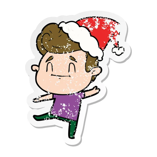 Glückliche Hand Gezeichnete Verzweifelte Aufkleber Karikatur Eines Mannes Mit Weihnachtsmütze — Stockvektor