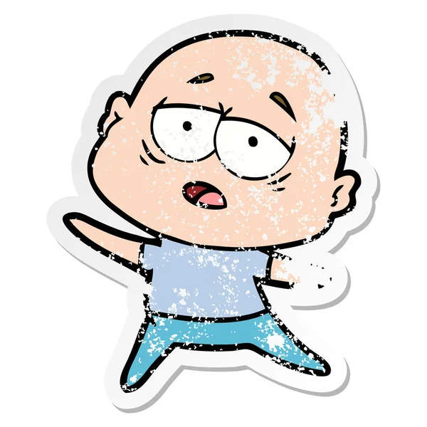 Distressed Sticker Cartoon Tired Bald Man — Stock Vector