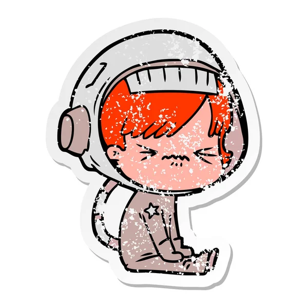 Verontruste Sticker Van Een Cartoon Astronaut Vrouw — Stockvector