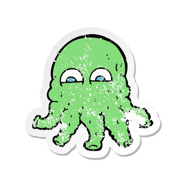 Retro Noodlijdende Sticker Van Een Cartoon Buitenaardse Squid Gezicht — Stockvector