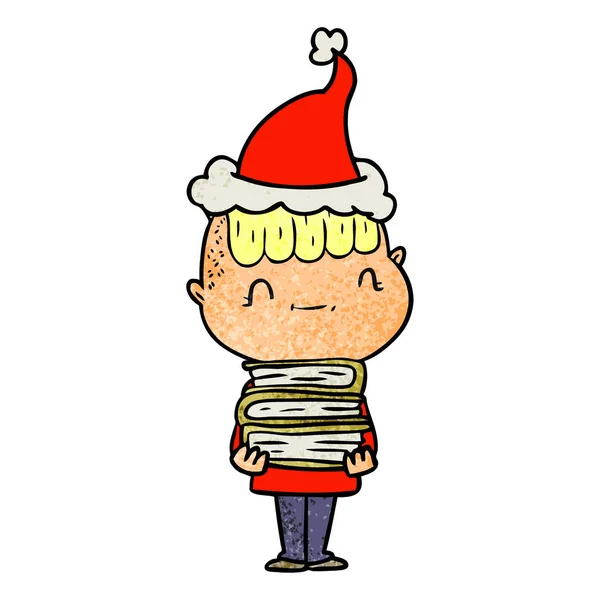 Texturierte Karikatur eines freundlichen Jungen mit Büchern mit Weihnachtsmütze — Stockvektor