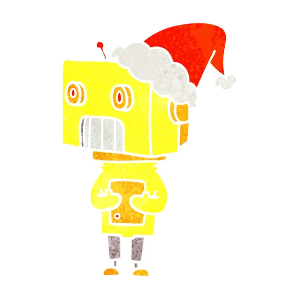 Hand Drawn Retro Cartoon Robot Wearing Santa Hat — Stock Vector