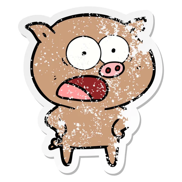 Distressed Sticker Cartoon Pig Shouting — Stock Vector