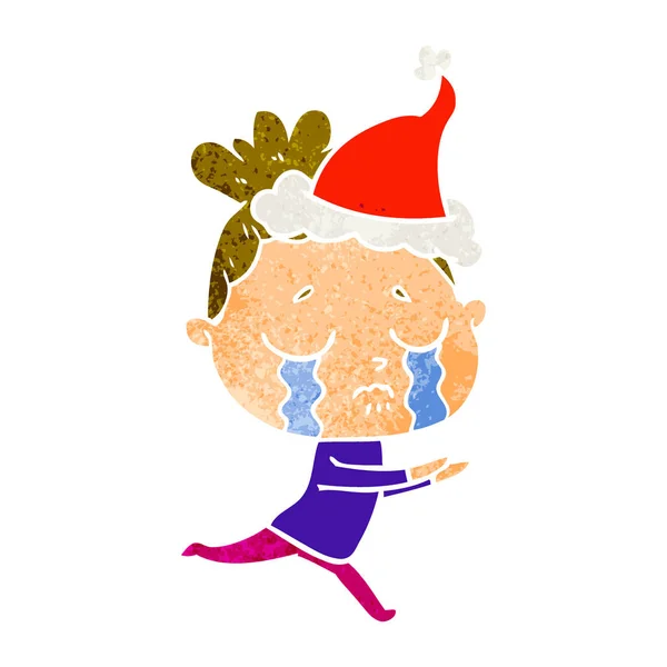 Noel Baba şapkası giyen bir ağlayan kadının Retro çizgi film — Stok Vektör