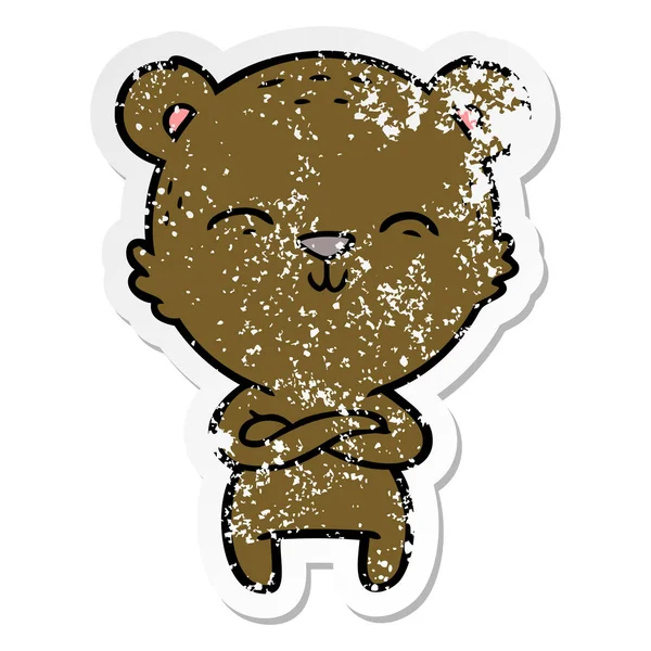 Distressed Sticker Happy Confident Cartoon Bear — Stock Vector