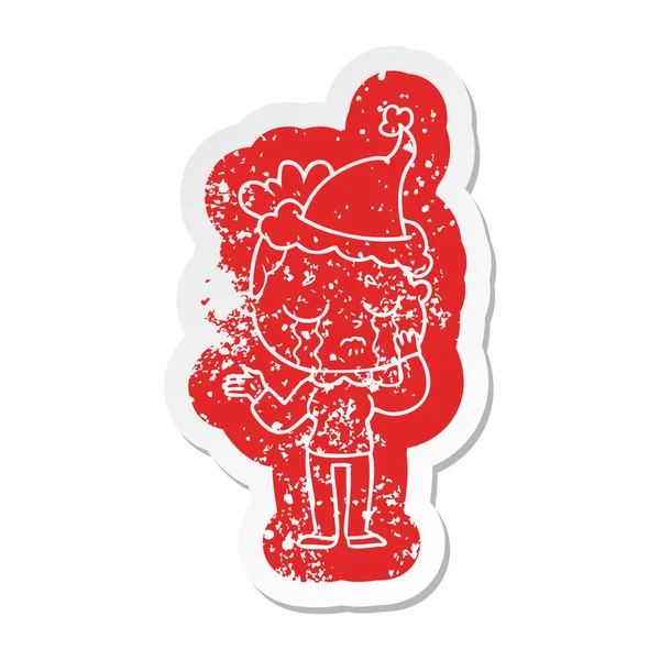 Noodlijdende Sticker Eigenzinnige Cartoon Van Een Huilende Vrouw Dragen Kerstmuts — Stockvector