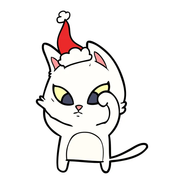 Linha confusa desenho de um gato usando chapéu de santa — Vetor de Stock