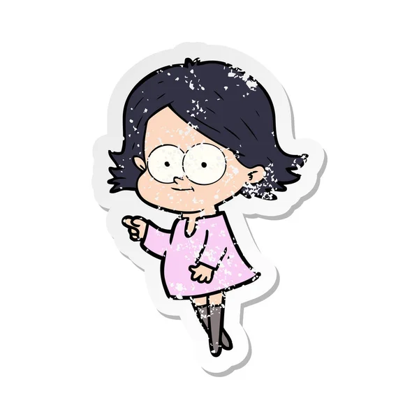 Verontruste Sticker Van Een Happy Cartoon Meisje — Stockvector