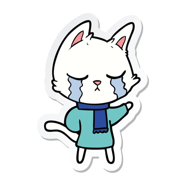 Sticker Crying Cartoon Cat Wearing Winter Clothes — Stock Vector