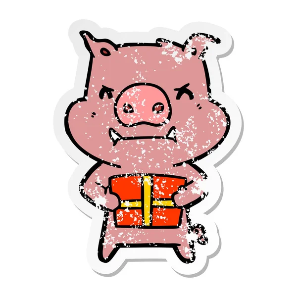 Distressed Sticker Angry Cartoon Pig Christmas Gift — Stock Vector