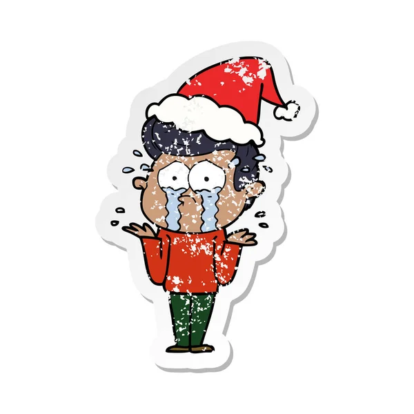 Distressed sticker cartoon of a crying man wearing santa hat — Stock Vector