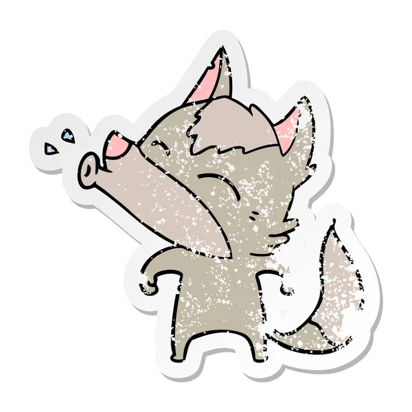 Verontruste Sticker Van Een Huilende Wolf Cartoon — Stockvector