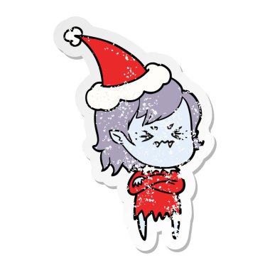 Noel Baba şapkası giyen bir vampir kız sıkıntılı etiket karikatür rahatsız el çekilmiş