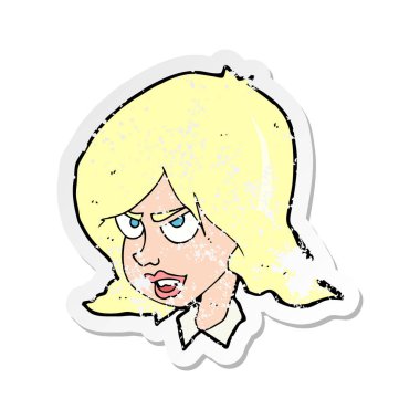 Retro etiket bir karikatür rahatsız kadının sıkıntılı