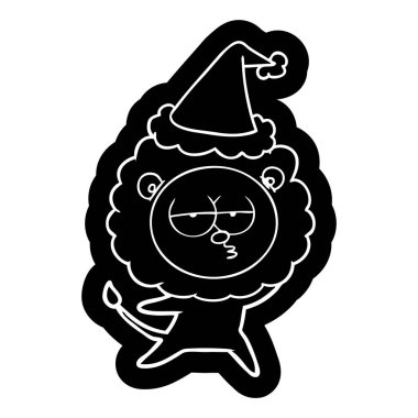 Noel Baba şapkası giyen sıkılmış aslan çizgi film simgesi