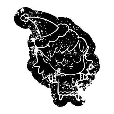 Noel Baba şapkası giyen bir elf kızın ilginç karikatür sıkıntılı simgesi