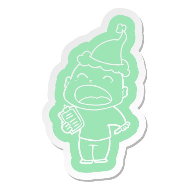 Noel Baba şapkası giyen bir haykırış kel adamın ilginç çizgi film etiketi