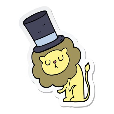 etiket silindir şapka giyen sevimli çizgi aslan