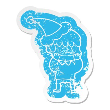 etiket Noel Baba şapkası giyen bir adamın mutlu karikatür sıkıntılı