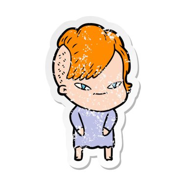 hippi saç kesimi ile sevimli çizgi kızın sıkıntılı etiket