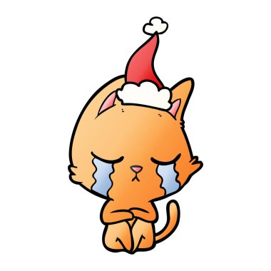elle çizilmiş degrade çizgi film Noel Baba şapkası giyen bir kedi oturan ağlıyor