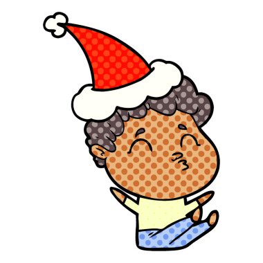 bir adam Santa şapka giyen somurtarak el çizilmiş çizgi roman tarzı illüstrasyon