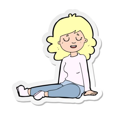 etiket katta oturan bir karikatür mutlu kadın