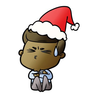 çizilmiş degrade çizgi film giyen Noel Baba şapkası terleme bir adamın el