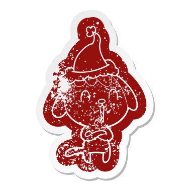 sevimli ilginç çizgi Noel Baba şapkası giyen bir köpek etiket sıkıntılı