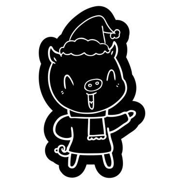 Santa şapka giyen kış giysileri bir domuz mutlu ilginç karikatür simgesi