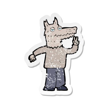 bir karikatür mutlu Kurt adamın Retro sıkıntılı etiket