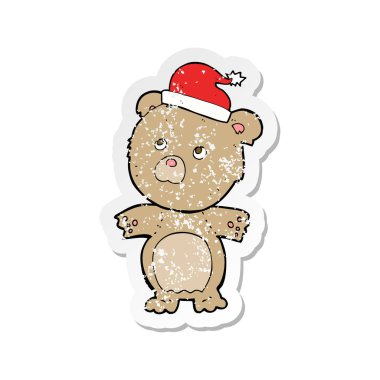 Noel şapkalı bir karikatür ayının Retro sıkıntılı etiket