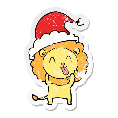 mutlu el sıkıntılı etiket karikatür Noel Baba şapkası giyen aslan çekilmiş